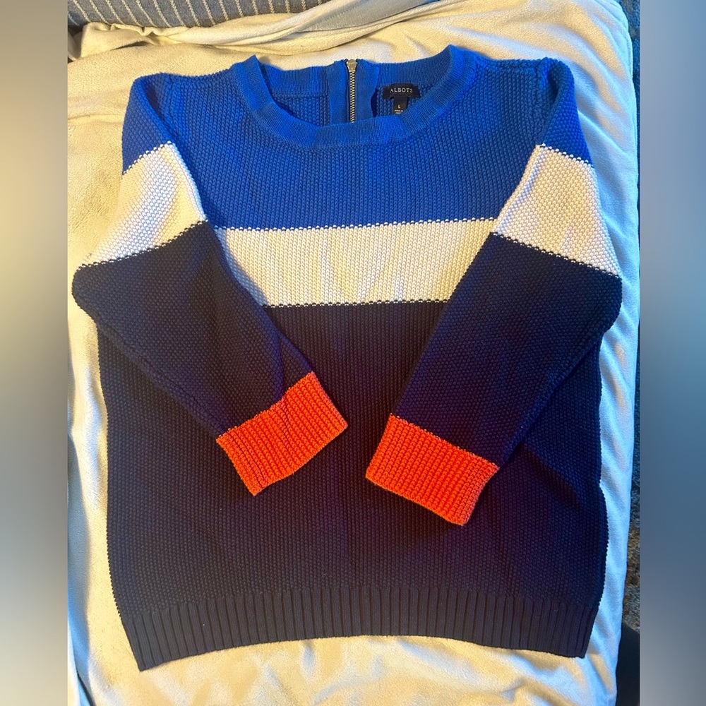 Talbots large cable knit sweater. Blue, red and white. 3/4 sleeve